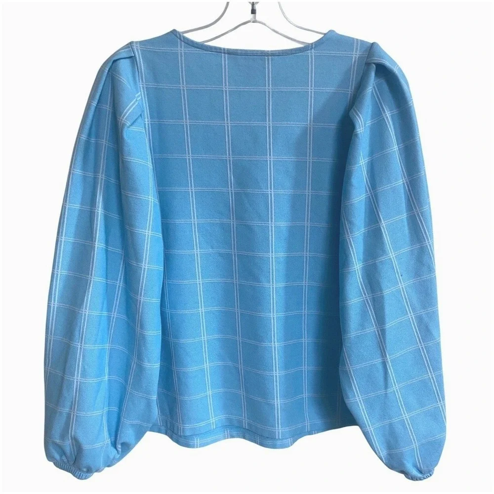 Blue Plaid Puff Sleeve Crew Neck Top Banana Republic Women's Size L EUC